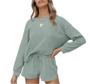 ZESICA Women's Waffle Knit Long Sleeve Top and Shorts Pullover Nightwear Lounge Pajama Set with Pockets