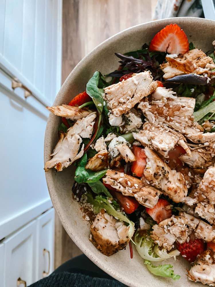 Strawberry chicken salad with red wine vinaigrette dressing.