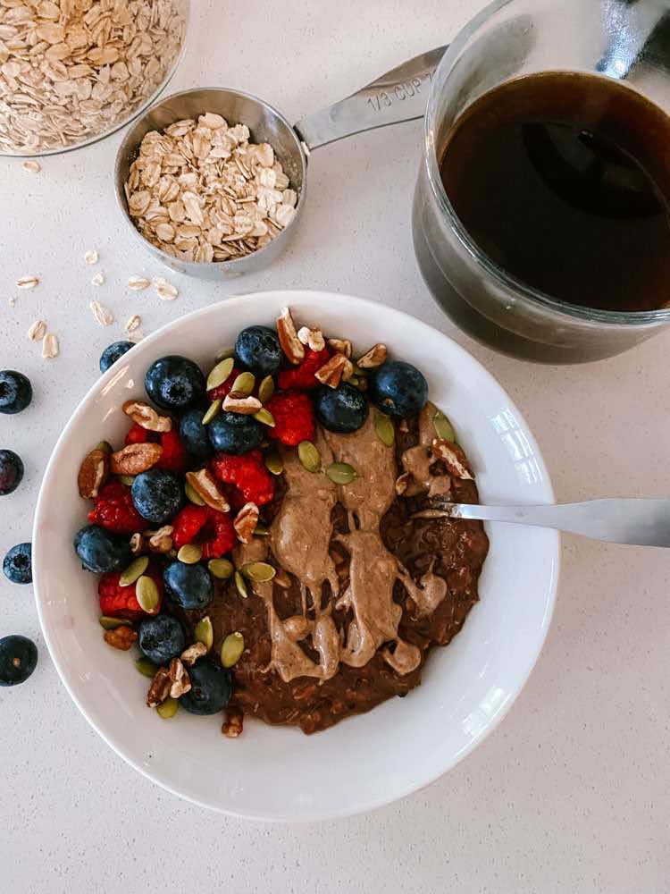 Chocolate oatmeal breakfast bowl.