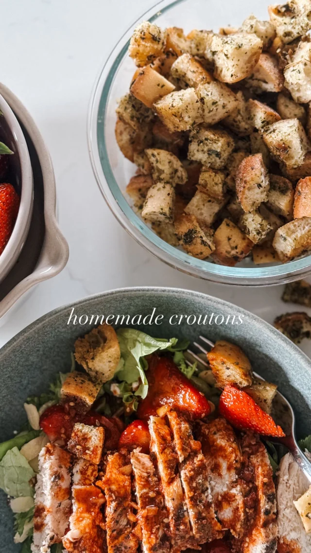Homemade croutons🤤Perfect addition to any salad for a combination of both crunch and flavor. I used to eat croutons as a snack growing up (anyone else🙃) - these taste better and are even better for you! Full recipe below.

Makes 4-6 cups

Ingredients:
1 French bread 
½ cup avocado oil 
3 tbsp Italian seasoning 

Instructions
1. Preheat the oven to 375°  F. Line a baking sheet with parchment paper; set aside.
2. Slice the bread into bite sized pieces, adding to a large bowl. Evenly drizzle the avocado oil and Italian seasoning over the bread, tossing gently until well-combined.
3. Spread the bread cubes out in a single layer on a baking sheet.
4. Bake until golden, turning once halfway through cooking in order to brown all sides of the croutons. Cooking time will depend on the thickness of the cubes, so watch to be sure that they do not burn, between 20-25 minutes.
5. Remove from the oven, and let cool completely.  Store in an air-tight container in the fridge. Enjoy!

#recipeinspo #croutons #summerrecipe